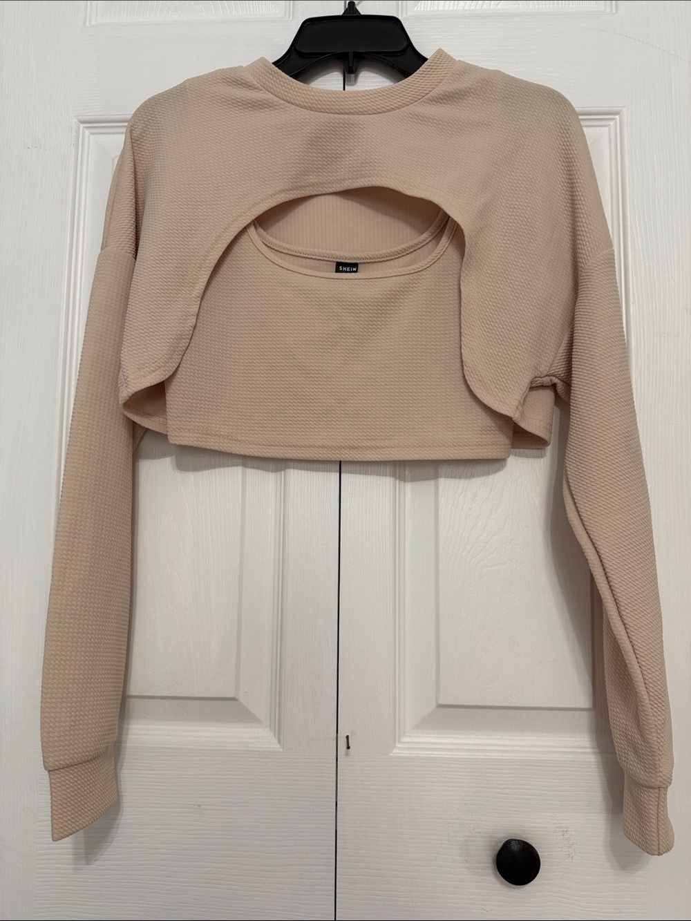SHEIN Women’s Long Sleeve Cutout Layered Crop/Tank Top Set- Beige